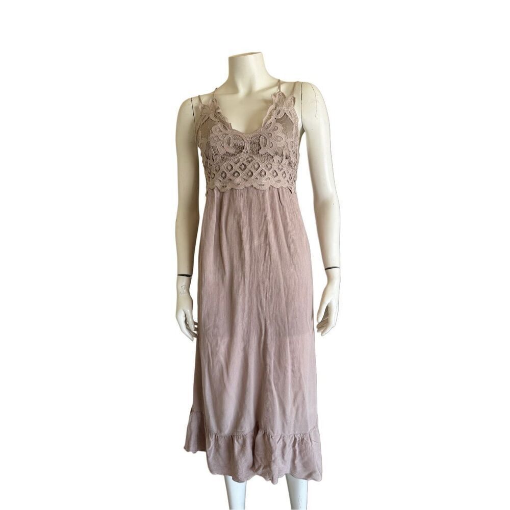 Vine & Valley women’s L maxi slip crochet strappy taupe boho sundress tan